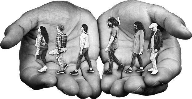 A pair of hands cupping a line of walking teens